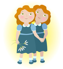 Twin girls holding hands illustrate zodiac sign Gemini.