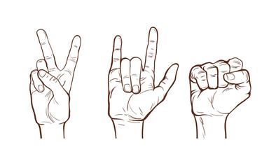 hand  line sketches. different gestures. clenched fist. rock and