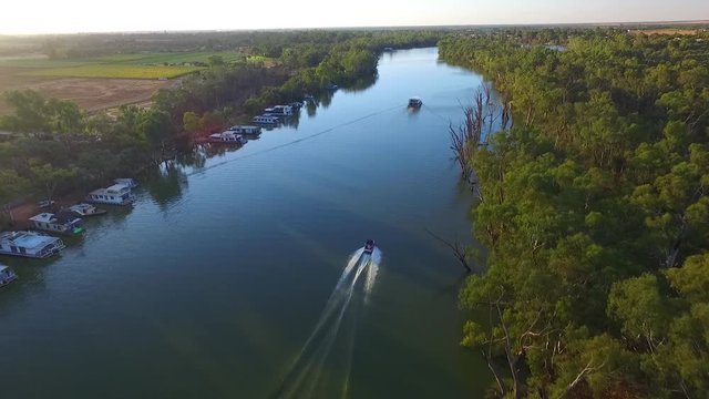 Aerial view of Ski Boat on the Murray River Australia
