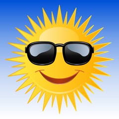 Soleil avec lunettes noires sur fond ciel 