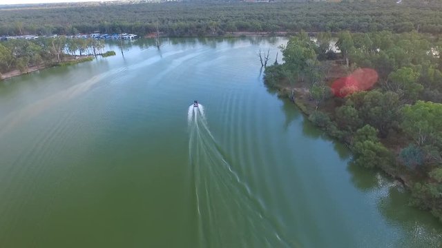 Aerial view of Ski Boat on the Murray River Australia
