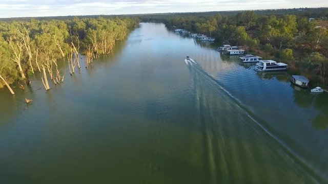 Aerial view of Ski Boat on the Murray River Australia
