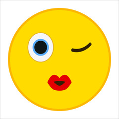 Kiss emoticon with wink eye in trendy flat style. Red lips emoji vector illustration.