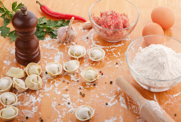 Fototapeta na wymiar Homemade pelmeni with ingredients