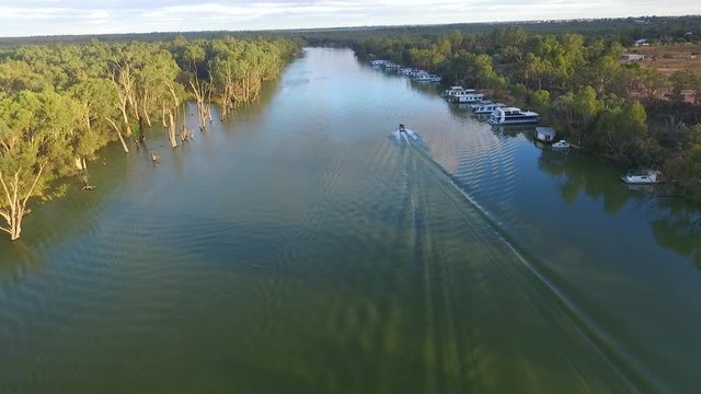 Aerial view of Ski Boat on the Murray River Australia
