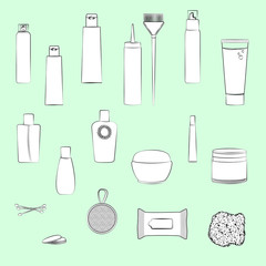 Set of beauty care cosmetics illustrations. Light green background, white objects, black outline. Isolated images for your design. Vector.
