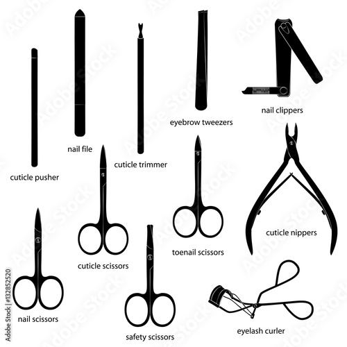 "Set of manicure equipment illustrations. White background, black objects, white outline, names