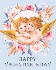 Vintage card with embracing angels