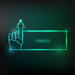 Neon square frame with light blue color with  hand and arrow. Business concept of progress. Vector illustration.