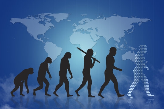 Human evolution on world map background