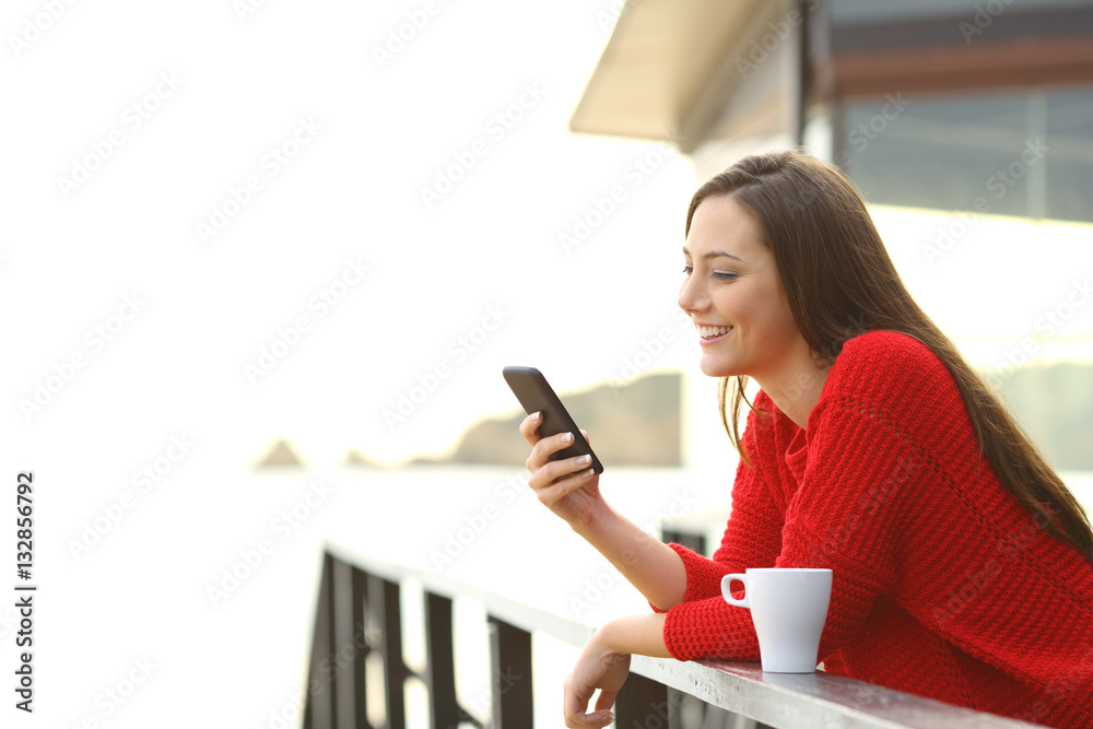 Sticker woman using mobile phone outdoors