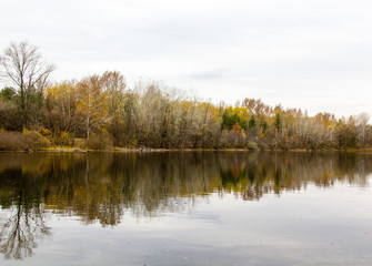 Fototapeta na wymiar Autumn forest reflected in the water landscape