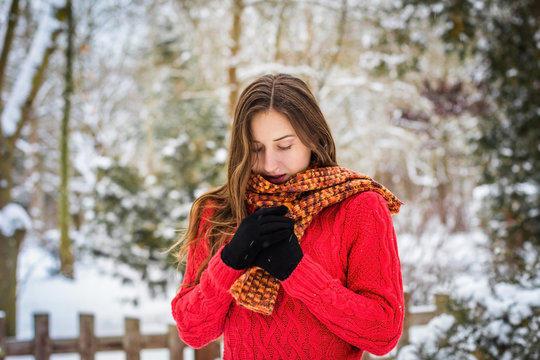 Winter. Girl in red pullover on snow background smiling