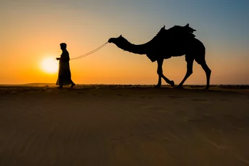 Papier Peint photo Chameau Rajasthan travel background - two indian cameleers (camel drivers) with camels silhouettes in dunes of Thar desert on sunset. Jaisalmer, Rajasthan, India