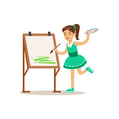 Girl Painting, Creative Child Practicing Arts In Art Class, Kids And Creativity Themed Illustration