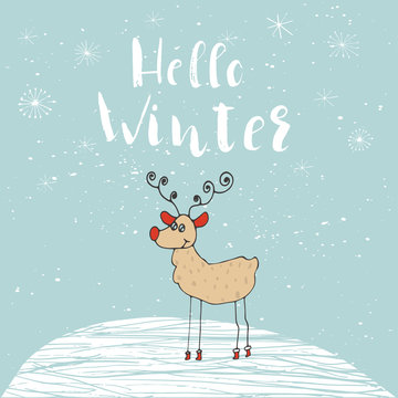 Set of 4 cute unique cards with quote Hello winter. Easy editable template. Vector illustration