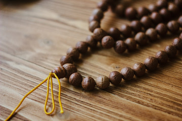 Rudraksha japa mala. Rosary made from rudraksha seeds.