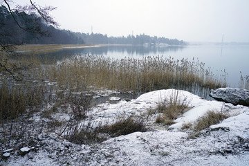 Winter landscape with snow of the Seurasaari island (Folison) in Helsinki 