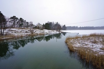 Winter landscape with snow of the Seurasaari island (Folison) in Helsinki 