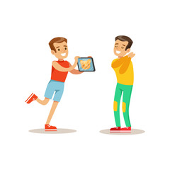 Boy Showing Tablet To Friend, Child And Gadget Illustration With Kid Watching And Playing Using Electronic Device