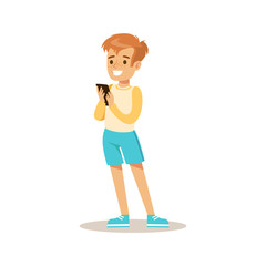 Boy With Smartphone, Child And Gadget Illustration With Kid Watching And Playing Using Electronic Device