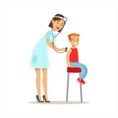 Fototapeta premium Boy Checked With Sthetoscope On Medical Check-Up With Female Pediatrician Doctor Doing Physical Examination For The Pre-School Health Inspection