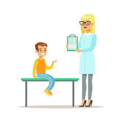 Boy On Medical Check-Up With Female Pediatrician Doctor Doing Physical Examination With Clipboard For The Pre-School Health Inspection