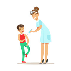 Fototapeta premium Kid On Medical Check-Up With Female Pediatrician Doctor Doing Vaccination For The Pre-School Health Inspection
