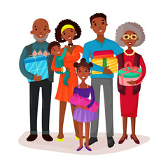 Black family holding children and gifts or present