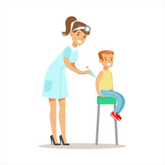 Fototapeta premium Boy Getting Vaccinated On Medical Check-Up With Female Pediatrician Doctor Doing Physical Examination For The Pre-School Health Inspection