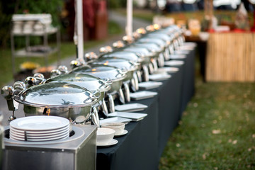Buffet Table with Row of Food Service Steam Pans
