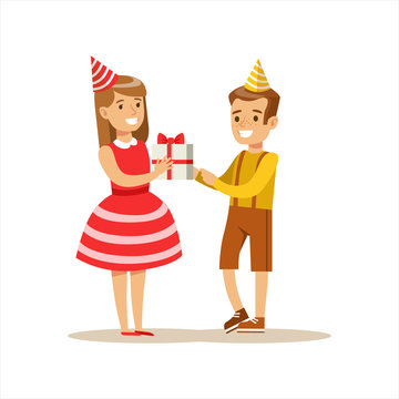 Boy Giving Present To Girl, Kids Birthday Party Scene With Cartoon Smiling Character