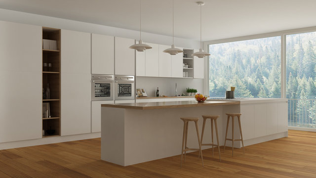 Scandinavian white kitchen with wooden and white details, minima