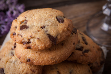 Stack of cookies with glass of milk