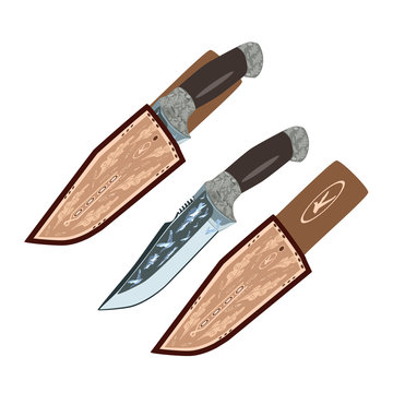 Vector illustration of hunting knife and leather sheath, flat style design.