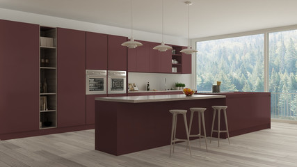 Scandinavian white kitchen with wooden and red details, minimali