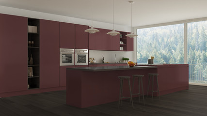Scandinavian white kitchen with wooden and red details, minimali