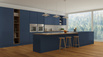 Scandinavian white kitchen with wooden and blue details, minimal