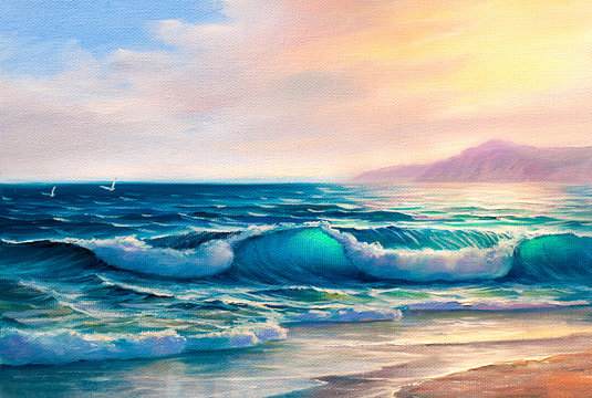 Morning on sea, wave, illustration, painting  paints on a canvas.