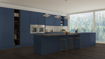 Scandinavian white kitchen with wooden and blue details, minimal