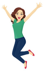 Happy surprised woman in jeans jumping isolated