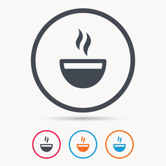 Coffee cup icon. Hot tea drink symbol. Colored circle buttons with flat web icon. Vector