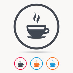 Coffee cup icon. Hot tea drink symbol. Colored circle buttons with flat web icon. Vector