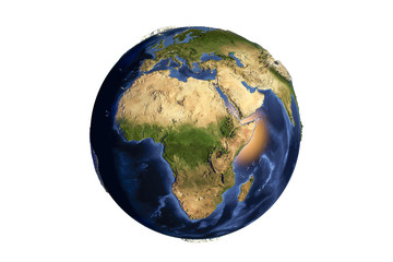 Planet Earth from space showing Africa with enhanced bump isolated on white background,3D illustration, Elements of this image furnished by NASA