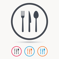 Fork, knife and spoon icons. Cutlery symbol. Colored circle buttons with flat web icon. Vector