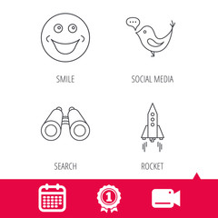 Achievement and video cam signs. Rocket, social media and search icons. Smiling face linear sign. Calendar icon. Vector