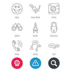 Achievement and search magnifier signs. Phone call, chat speech bubble and photo camera icons. Social media, smile and rocket linear signs. Hazard attention icon. Vector