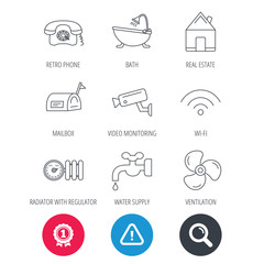 Achievement and search magnifier signs. Wifi, video camera and mailbox icons. Real estate, bath and water supply linear signs. Radiator with heat regulator, phone icons. Hazard attention icon. Vector