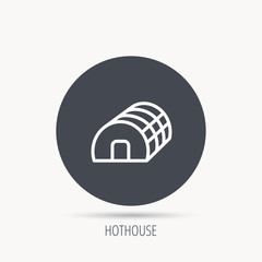 Greenhouse complex icon. Hothouse building sign. Warm house symbol. Round web button with flat icon. Vector
