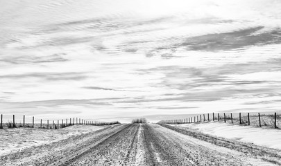 A gravel road on slight incline dividing fenced pasture land under cloudy sky in a desolate black and white countryside landscape at midday